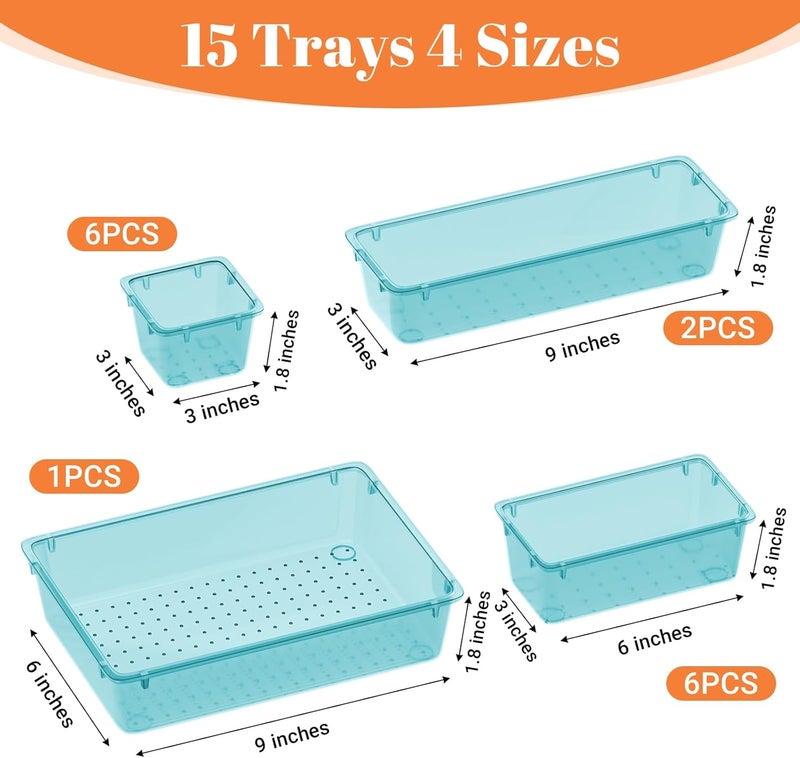 SpaceHacks 15 PCS Clear Plastic Drawer Organizer Set, 4-Size Acrylic Drawer Storage Trays, Storage Bins for Makeup, Gadgets, and Jewelry in Bathroom, Bedroom and Office, Clear Sea Blue - Image 3